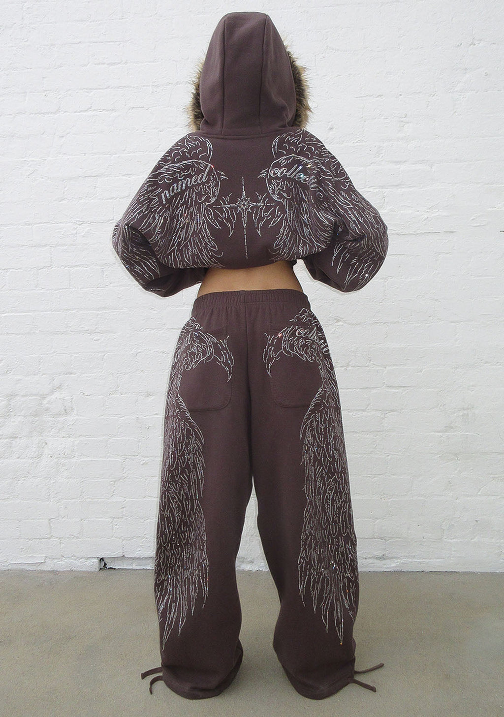 FALLEN FAUX FUR RHINESTONE ZIP HOODIE BROWN (DETACHABLE FUR)