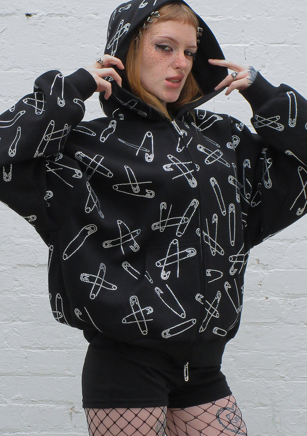 HEIST RHINESTONE SAFETY PIN ZIP HOODIE BLACK