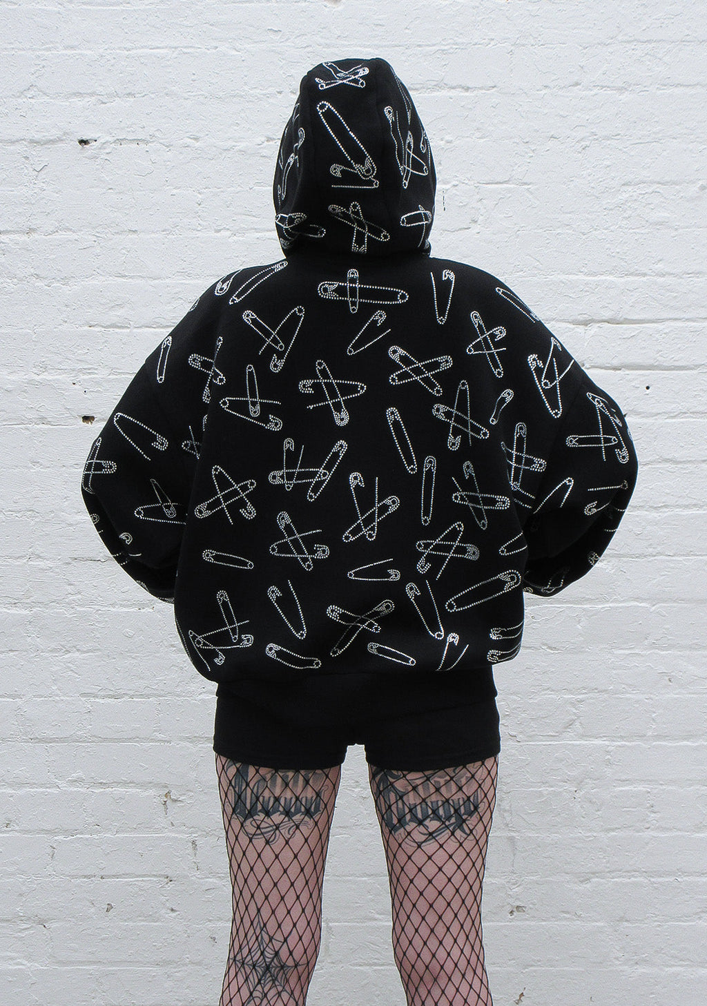 HEIST RHINESTONE SAFETY PIN ZIP HOODIE BLACK