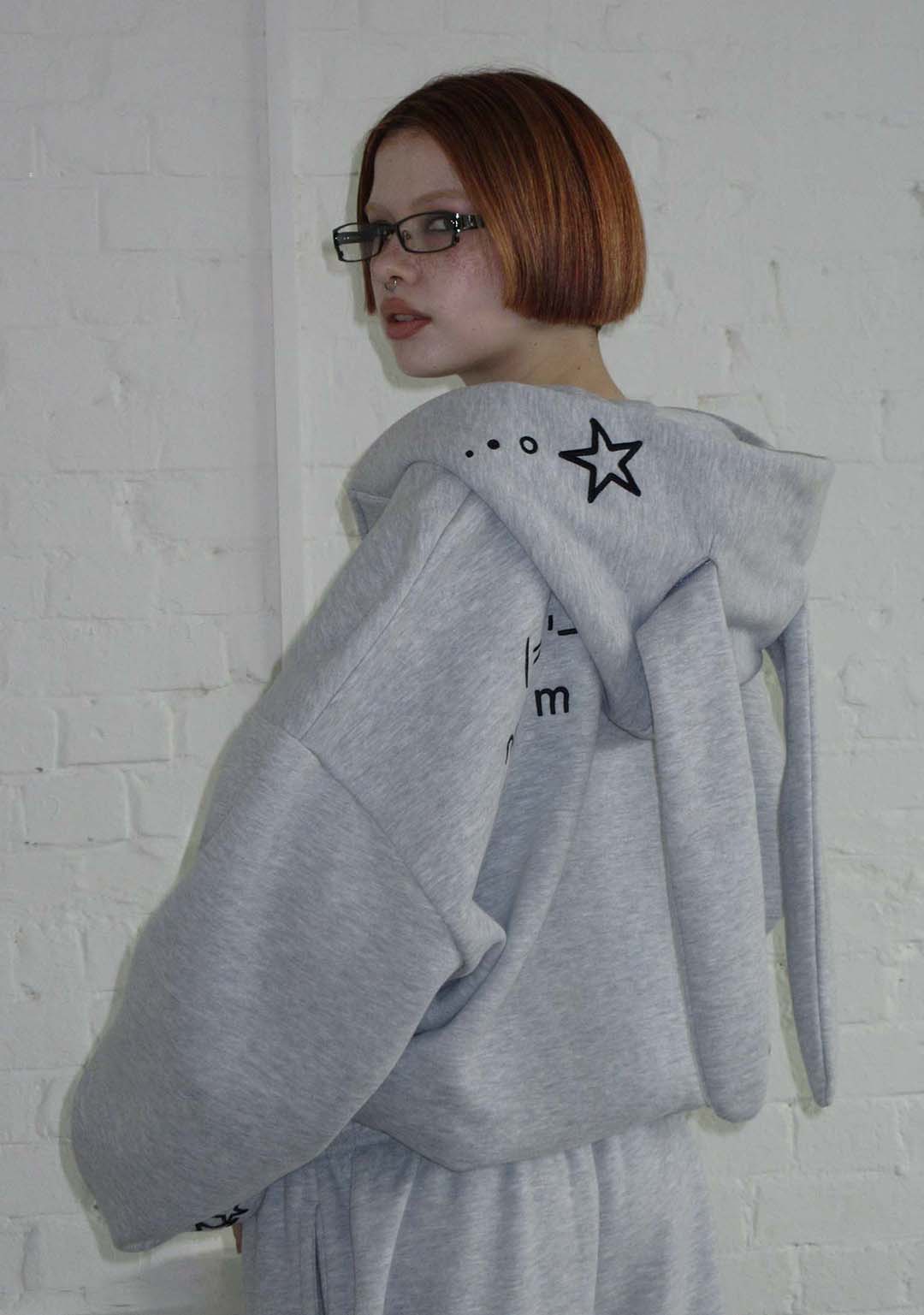 MALFUNCTION BUNNY ZIP HOODIE GREY MARL (DETACHABLE EARS)