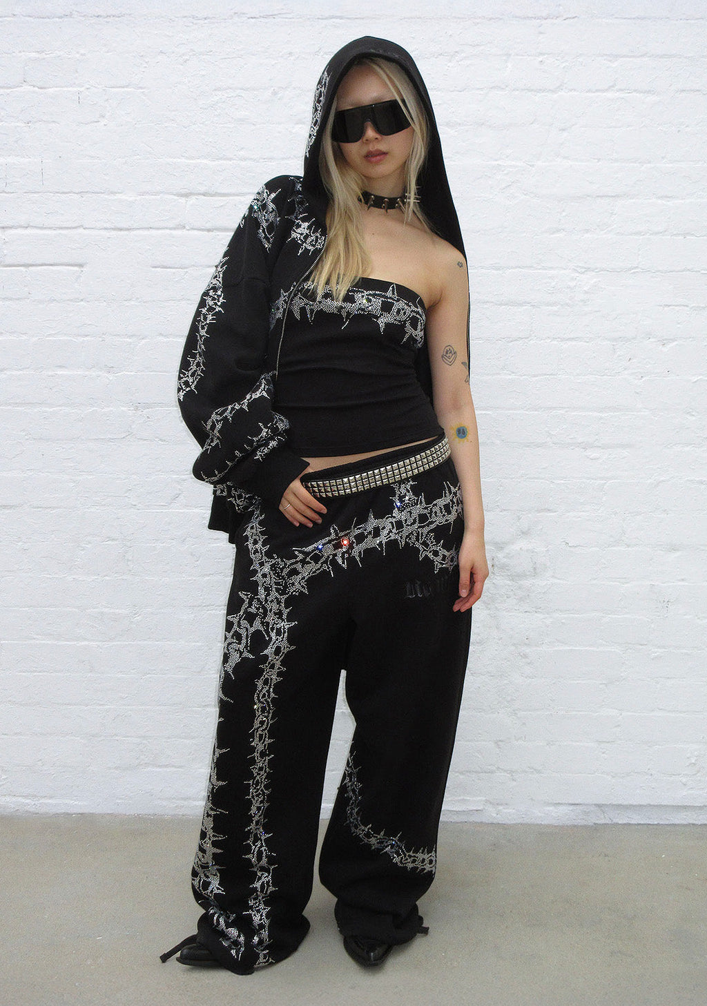 OMEN RHINESTONE ZIP HOODIE BLACK