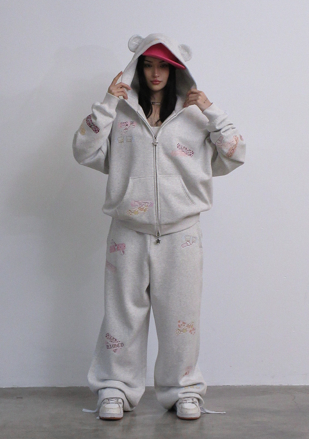 STITCH TEDDY ZIP HOODIE WHITE MARL