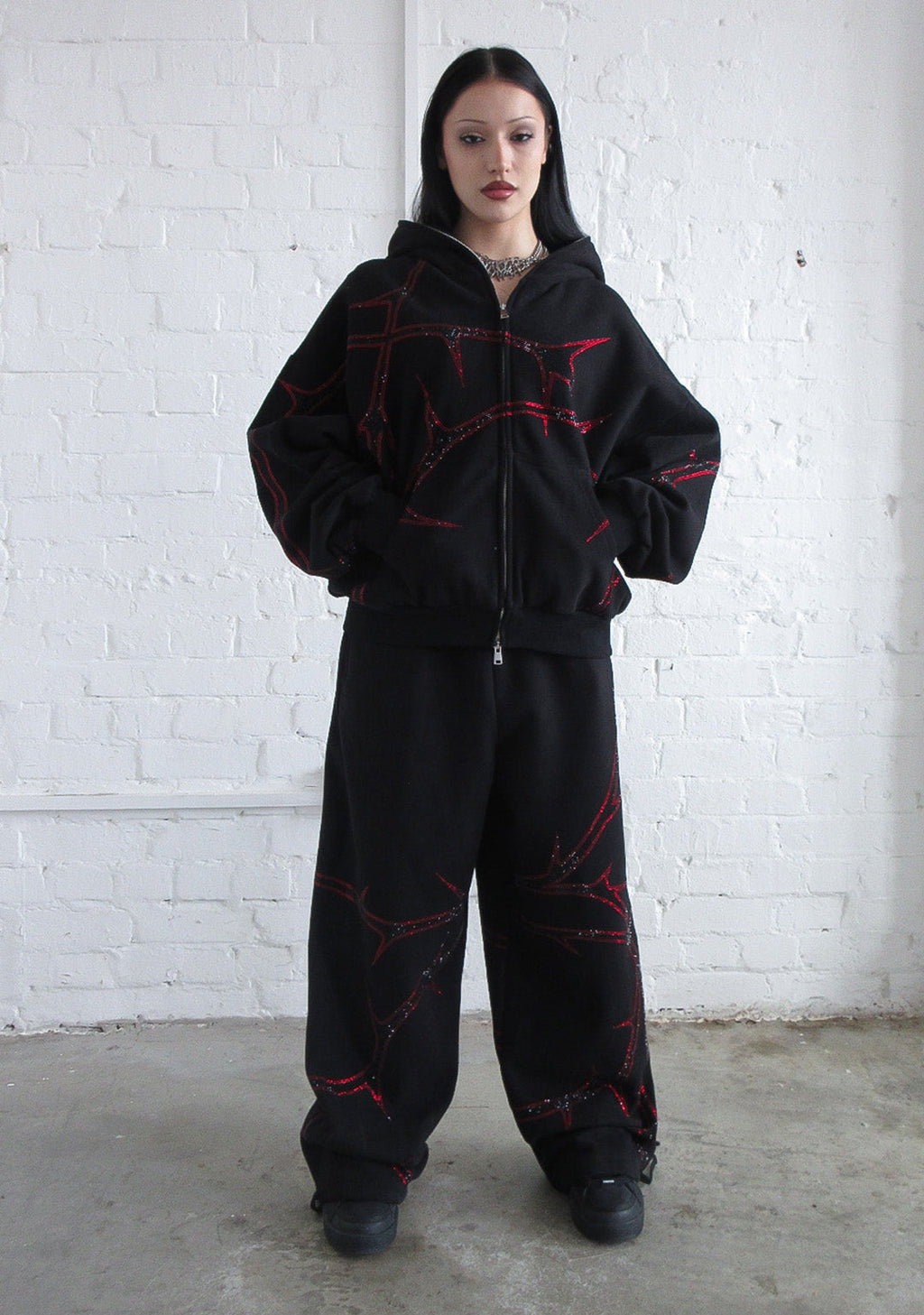 THORN RHINESTONE ZIP HOODIE BLACK AND RED