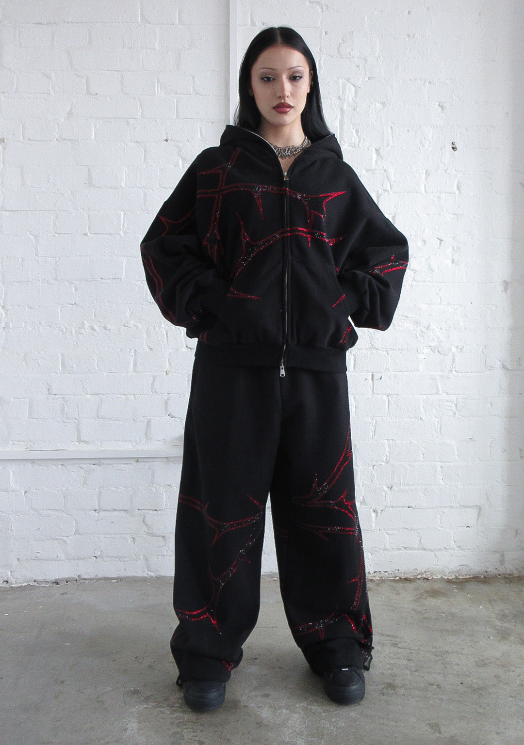 THORN RHINESTONE ZIP HOODIE BLACK AND RED